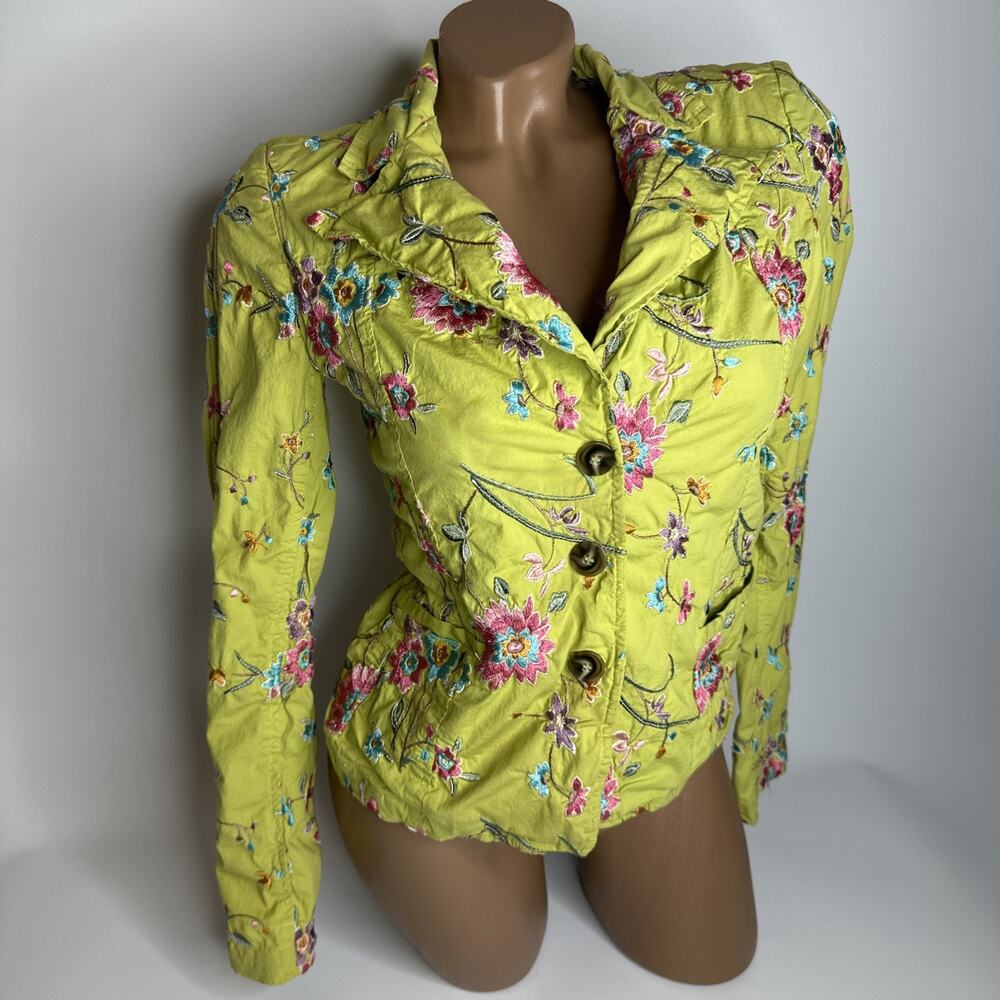 Johnny Was Lime Green Floral Print Cotton Blazer Jacket Size XS Art To Wear Top